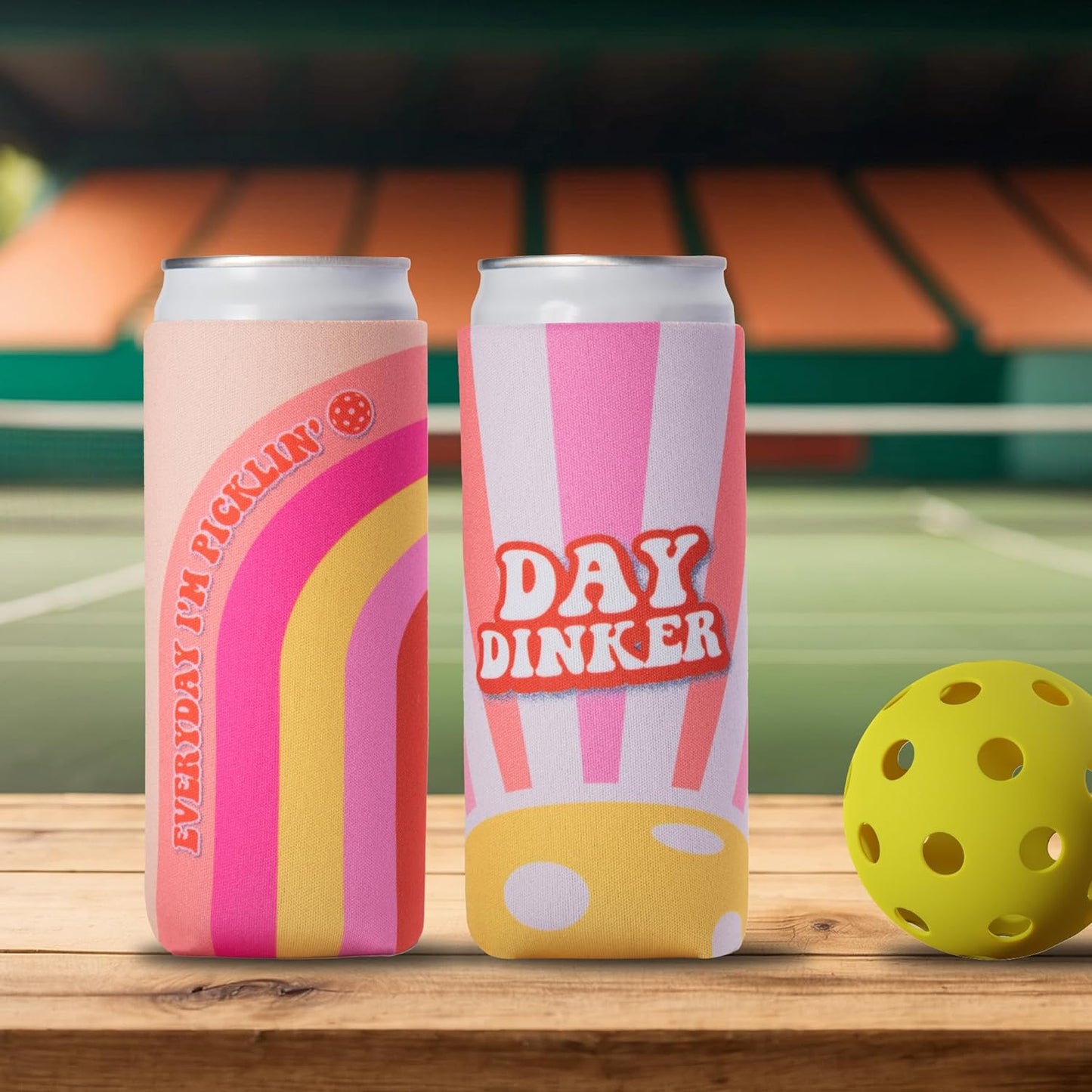 Pickleball Themed Slim Can Coolers Set (6 Pack)