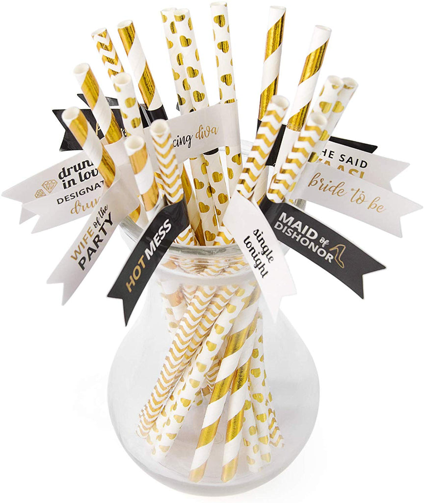 Bachelorette Straws- Gold Paper Straws with Banners
